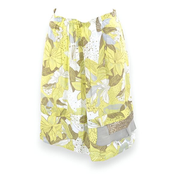 Schumacher Yellow Taupe Gray Floral Sequin Cotton Silk A-Line Pleated Skirt XS